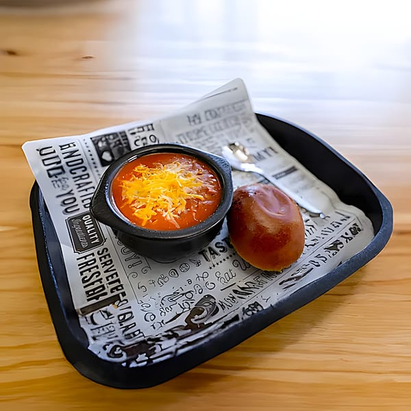 A bowl of chili with shredded cheese and a dinner roll on a deli-themed paper liner.