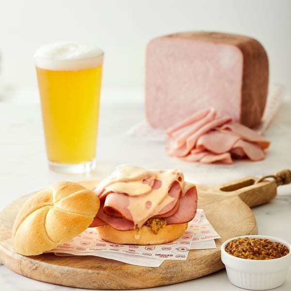 A deli sandwich with ham, melted cheese, and mustard on a bun, with a beer and ham block.